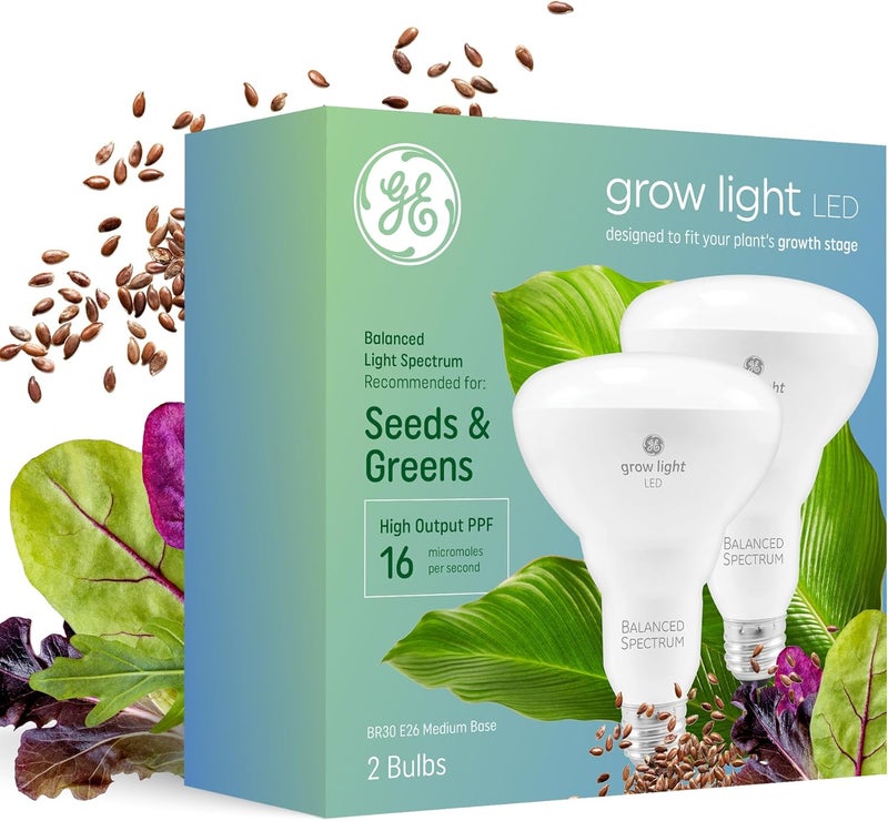 GE Grow Lights for Indoor Plants, BR30 Indoor Floodlight, LED Light Bulbs for Seeds and Greens with Balanced Spectrum, 25,000 Hours Lifespan, 16 PPF, 2 Pack (Packaging May Vary) - Image 1
